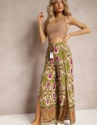 cflo Pantaloni Largi Verde-Violet din Viscoză Decorați cu Decupaje pe Picioare și cu Model Ornamental Giathena