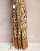 cflo Pantaloni Largi Verde-Violet din Viscoză Decorați cu Decupaje pe Picioare și cu Model Ornamental Giathena