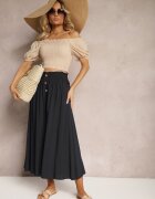 cflo Pantaloni Negri de Vâscoză Palazzo cu Elastic în Talie Decorați cu Nasturi și Crăci 3/4 Efinna