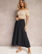 cflo Pantaloni Negri de Vâscoză Palazzo cu Elastic în Talie Decorați cu Nasturi și Crăci 3/4 Efinna