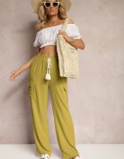 cflo Pantaloni Palazzo Verde deschis cu picioare largi cu elastic în talie și buzunare cu clapetă Weva
