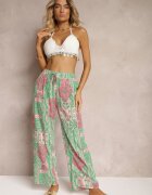 cflo Pantaloni Verde-Roz Lari Tip Palazzo Din Vâscoză Cu Elastic în Talie Melafea