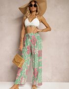 cflo Pantaloni Verde-Roz Lari Tip Palazzo Din Vâscoză Cu Elastic în Talie Melafea