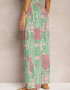 cflo Pantaloni Verde-Roz Lari Tip Palazzo Din Vâscoză Cu Elastic în Talie Melafea