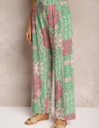 cflo Pantaloni Verde-Roz Lari Tip Palazzo Din Vâscoză Cu Elastic în Talie Melafea