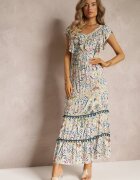 cflo Rochie Alb-Bej Viscoză Maxi cu Pompoane și Elastic în Talie Belmona