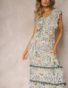 cflo Rochie Alb-Bej Viscoză Maxi cu Pompoane și Elastic în Talie Belmona