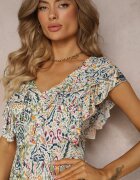 cflo Rochie Alb-Bej Viscoză Maxi cu Pompoane și Elastic în Talie Belmona