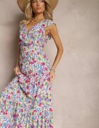 cflo Rochie Alb-Roz Petrecută cu Imprimeu Floral cu Croi Cloș Maxi cu Volănaș Seneora