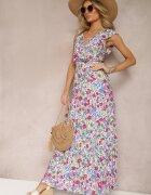 cflo Rochie Alb-Roz Petrecută cu Imprimeu Floral cu Croi Cloș Maxi cu Volănaș Seneora
