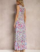 cflo Rochie Alb-Roz Petrecută cu Imprimeu Floral cu Croi Cloș Maxi cu Volănaș Seneora