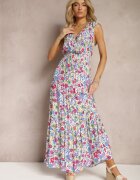 cflo Rochie Alb-Roz Petrecută cu Imprimeu Floral cu Croi Cloș Maxi cu Volănaș Seneora