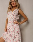 cflo Rochie Alb-Roz Petrecută din Viscoză Florală Cu elastic în talie Innavia