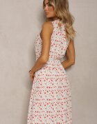 cflo Rochie Alb-Roz Petrecută din Viscoză Florală Cu elastic în talie Innavia