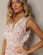 cflo Rochie Alb-Roz Petrecută din Viscoză Florală Cu elastic în talie Innavia