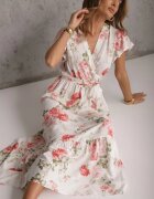 cflo Rochie Albă Florală cu croi petrecut și cordon în talie Iphene