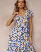 cflo Rochie Albastră Cambrată Mini Cu flori cu talie elastică Teziovi