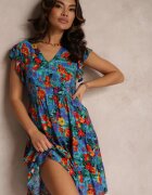 cflo Rochie Albastră de viscoză Mini cu Volan Linne