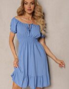 cflo Rochie Albastră din Viscoză cu Elastic în Talie și Decolteu cu Elastic Tiimazela
