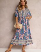cflo Rochie Albastră Din Viscoză Maxi cu Elastic în Talie și Volan Cophine