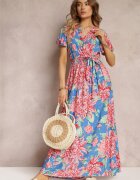 cflo Rochie Albastru-Roz Maxi din viscoză cu decolteu petrecut cu elastic în talie Lynette