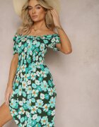 cflo Rochie Albastru-Verde din Viscoză Midi cu Decolteu Pătrat și Imprimeu Floral Narcca