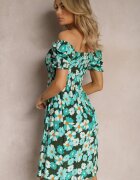 cflo Rochie Albastru-Verde din Viscoză Midi cu Decolteu Pătrat și Imprimeu Floral Narcca