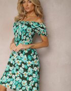 cflo Rochie Albastru-Verde din Viscoză Midi cu Decolteu Pătrat și Imprimeu Floral Narcca