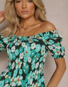 cflo Rochie Albastru-Verde din Viscoză Midi cu Decolteu Pătrat și Imprimeu Floral Narcca
