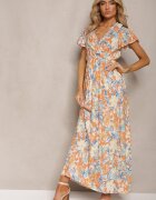 cflo Rochie Bej-Albastră din vâscoză cu elastic în talie cu volan Xylita