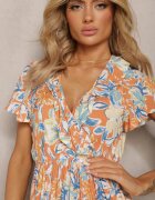 cflo Rochie Bej-Albastră din vâscoză cu elastic în talie cu volan Xylita