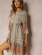 cflo Rochie Bej din Vâscoză cu flori cu Mânecă 3/4 și volănaș Sulamita