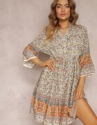 cflo Rochie Bej din Vâscoză cu flori cu Mânecă 3/4 și volănaș Sulamita