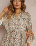 cflo Rochie Bej din Vâscoză cu flori cu Mânecă 3/4 și volănaș Sulamita