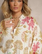 cflo Rochie Bej din Viscoză Cloș cu Imprimeu Boho Aedia