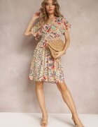 cflo Rochie bej din viscoză cu elastic în talie decorată cu imprimeu abstract Kemira