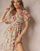 cflo Rochie bej din viscoză cu elastic în talie decorată cu imprimeu abstract Kemira