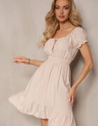 cflo Rochie Bej din Viscoză cu Elastice în Talie și Decolteu cu bandă elastică Tiimazela
