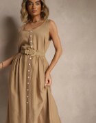 cflo Rochie Bej închis Cloș din Vâscoză Decorată cu Nasturi Nataviela