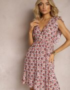 cflo Rochie bej-roșie cu elastic în talie din viscoză cu imprimeu abstract Lianefa