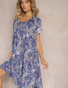 cflo Rochie Bleumarin Boho din Vâscoză cu Curea Subțire în Talie Rivasea