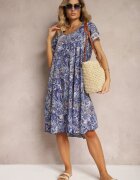 cflo Rochie Bleumarin Boho din Vâscoză cu Curea Subțire în Talie Rivasea