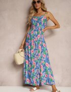 cflo Rochie Bleumarin Din Viscoză Cu Flori Cu Elastic În Talie Și Bretele Reglabile Ostialia