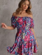 cflo Rochie bleumarin evazată mini cu elastic în talie și mâneci scurte din viscoză Merrelle