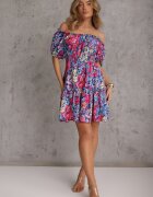 cflo Rochie bleumarin evazată mini cu elastic în talie și mâneci scurte din viscoză Merrelle