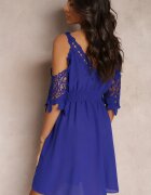 cflo Rochie bleumarin evazată mini cu elastic în talie și mâneci spaniole cu dantelă Carolta
