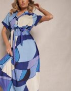 cflo Rochie Cămașă Albastră din Viscoză cu Cordon cu Imprimeu Geometric Falintia