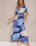 cflo Rochie Cămașă Albastră din Viscoză cu Cordon cu Imprimeu Geometric Falintia