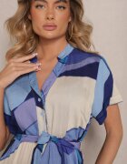 cflo Rochie Cămașă Albastră din Viscoză cu Cordon cu Imprimeu Geometric Falintia