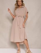 cflo Rochie cămașă Bej închisă din vâscoză cu centură legată la talie Vanisti